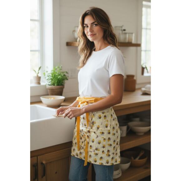Handmade reversible cotton apron  egg apron farmhouse bumble bee print - Picture 2 of 5